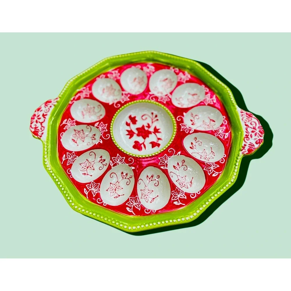 Temp-tations by Tara Deviled Egg Platter Red Lime Green Floral Ceramic 12 Slot